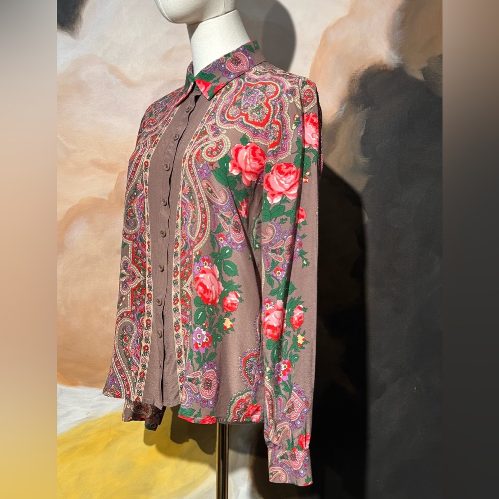 MAJORELLE Floral Paisley Button-Up Blouse in Mauve with Pink Roses